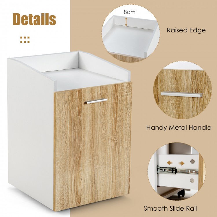 File cabinet with two drawers in white, featuring raised edges, metal handle, and smooth-rolling casters for easy.